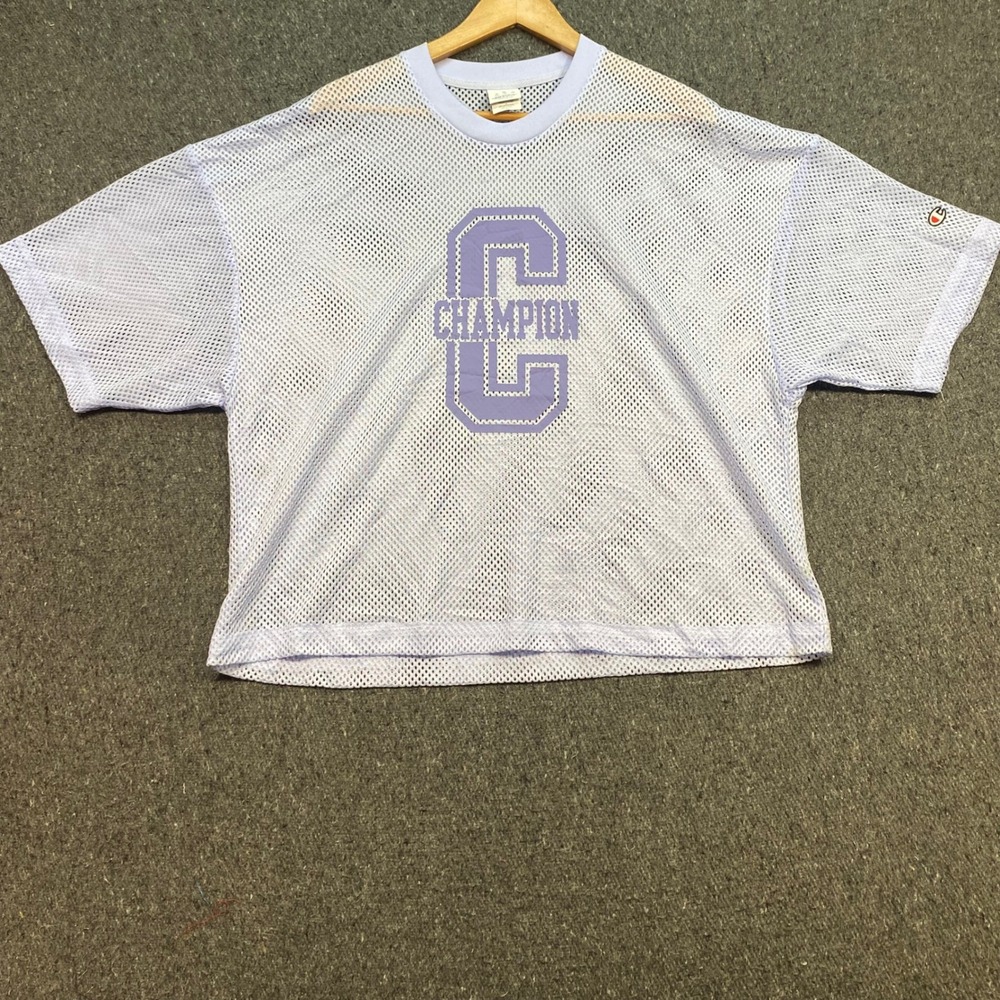 Champion Mesh Jersey TShirt Sz M Womens Purple Streetwear Boxy Retro Graphic